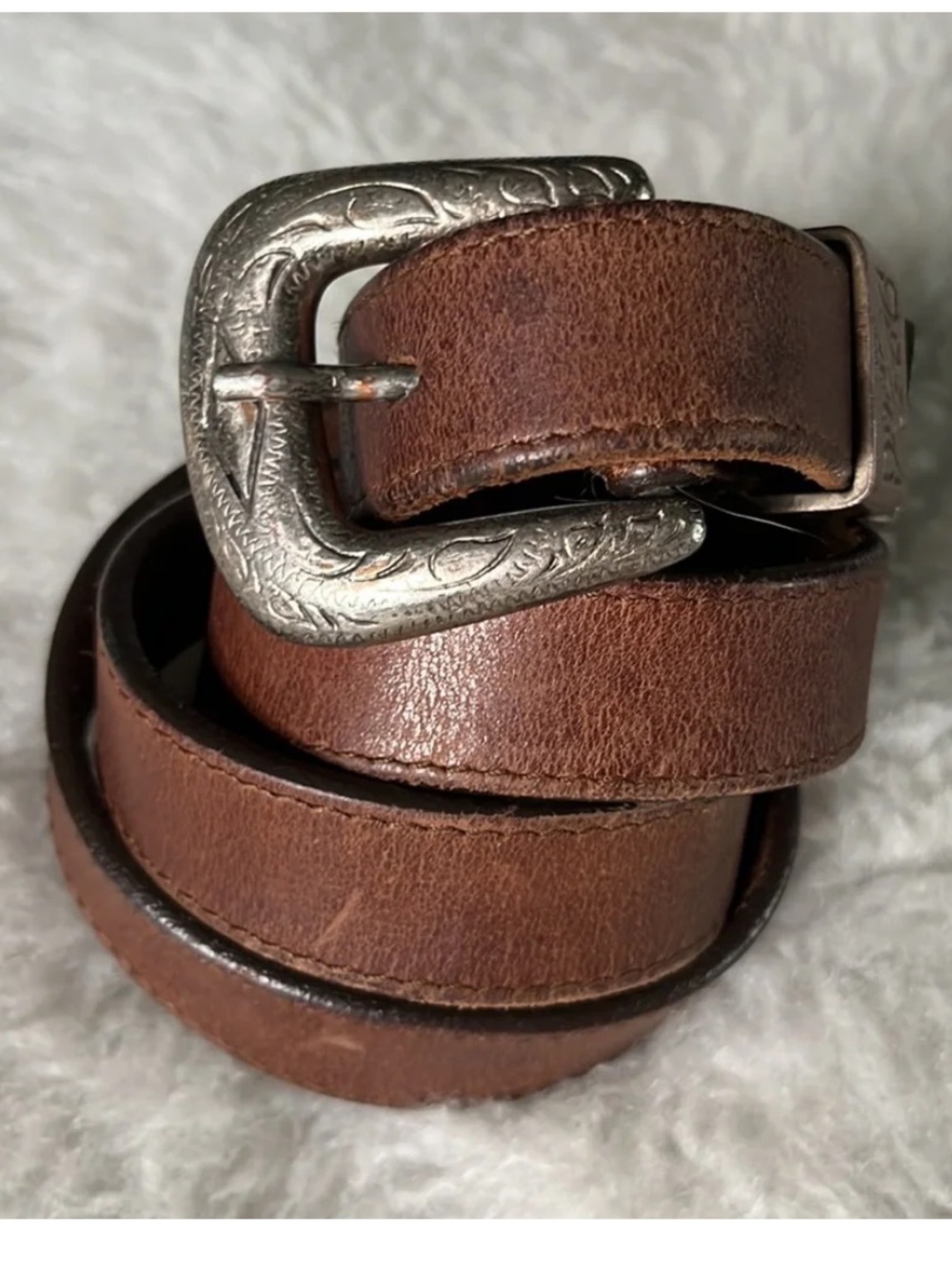Vintage Frontier Line brown leather belt with fancy engraved buckle and end 32 - Picture 1 of 10